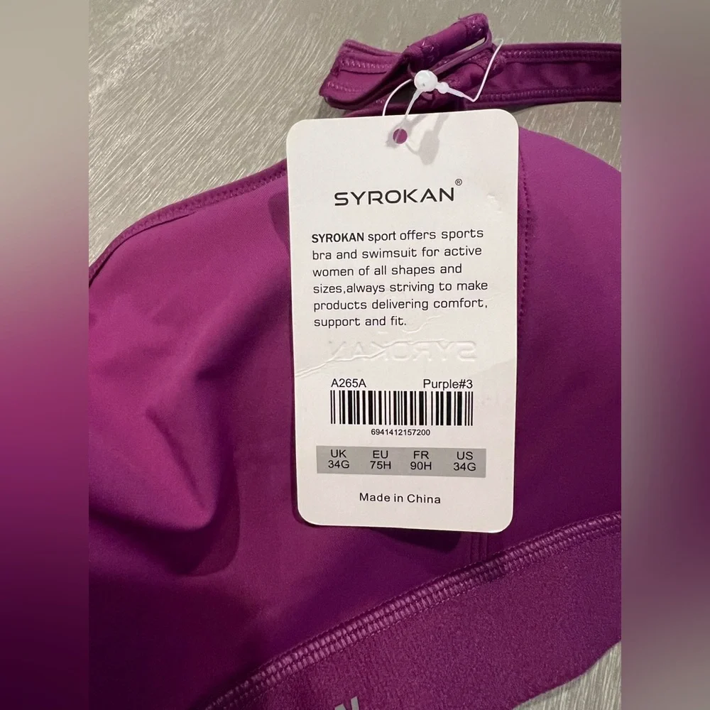 SYROKAN new purple Front adjustable padded sports bra work out bra women’s 34G - Picture 9 of 13